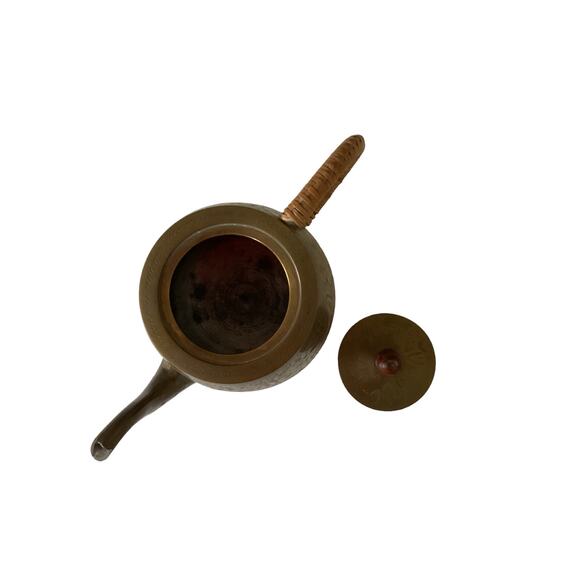 Etched Brass Vintage Teapot Woven Wrap Handle India Marked - Picture 6 of 10